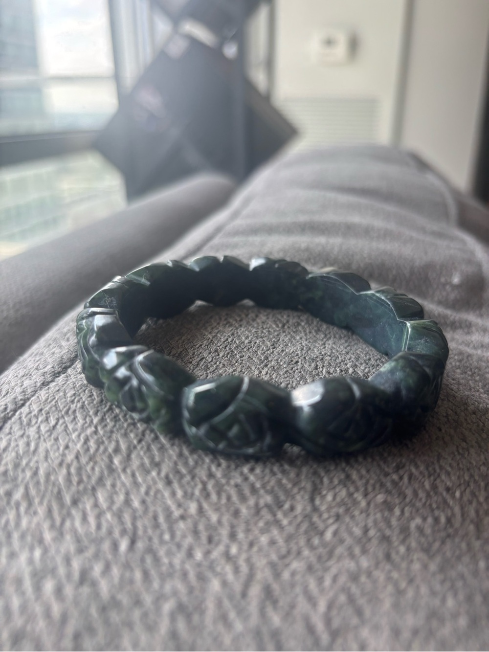 Carved Dark Green Jadeite Bangle Bracelet
